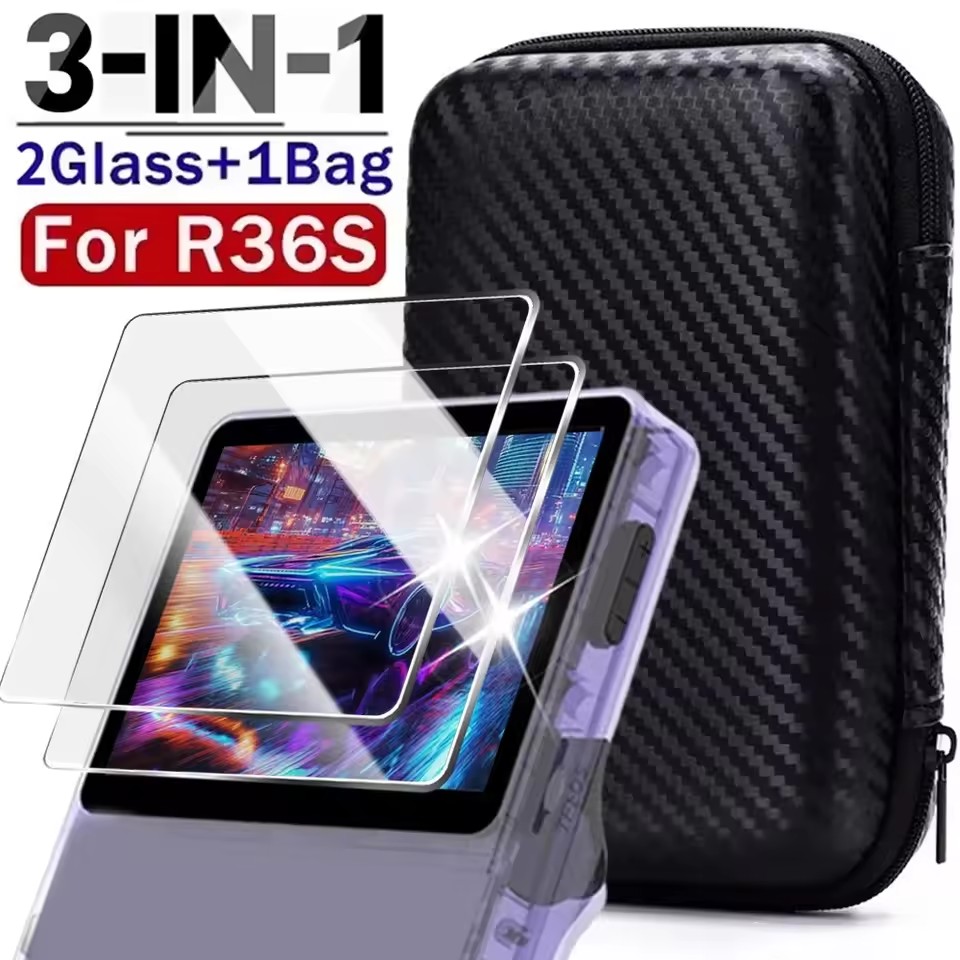 Gaming Console R36S - R36Sゲーム機用3in1キャリング収納ケース、強化ガラススクリーンプロテクター、傷防止バッグ＆フィルム付きキット