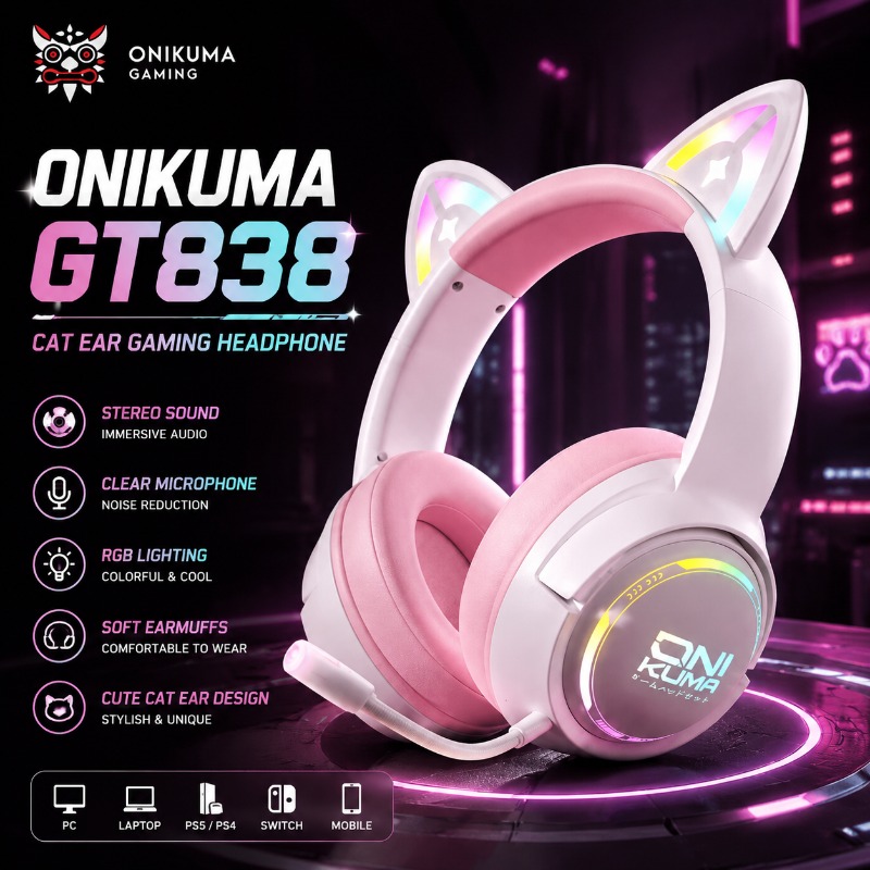 Gaming Console In Amazon - ONIKUMA GT838 ゲーミングヘッドセット猫耳 RGB ヘッドフォンステレオサウンドクリアマイクソフトイヤーマフかわいいデザイン PC